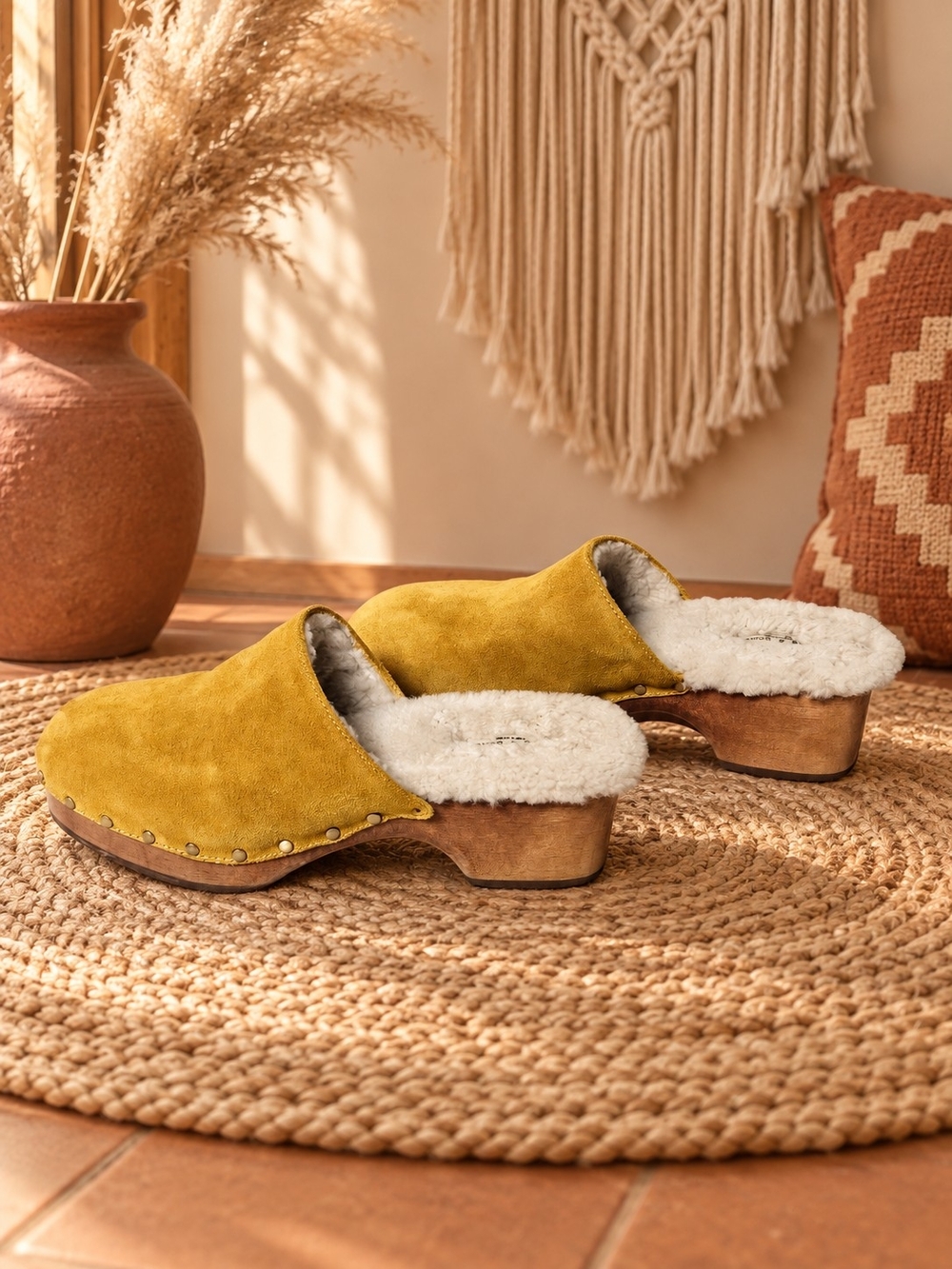 Rag & Bone Mustard Suede Shearling Lined Wooden Platform Clogs 38 7.5/8 Boho 70s